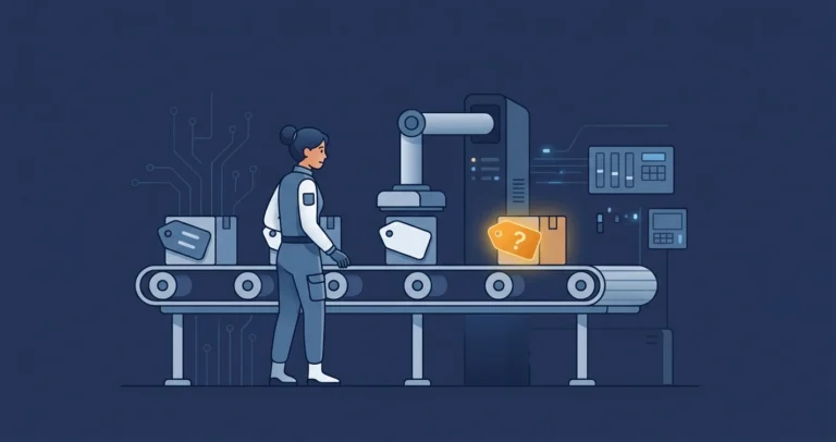 A woman engineer watches a conveyor belt where a stamping arm marks changed parcels, while a parcel carrying a glowing amber question-mark tag glides past unstamped.