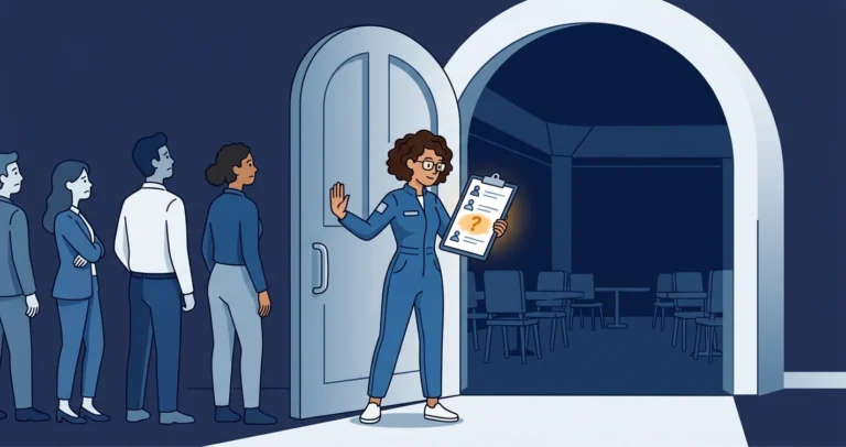 A woman holding a clipboard guest list, one line a glowing amber question-mark smudge, turns people away while the room behind her sits empty.