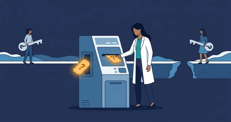 A woman engineer feeds tickets into a single-slot machine that accepts one glowing amber question-mark ticket and rejects a second, with two figures holding question-mark keys across a gap.