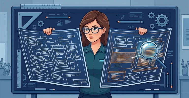A woman DBA holds two blueprints side by side. The right blueprint has highlighted sections where the drawing differs, with a magnifying glass over one of them.
