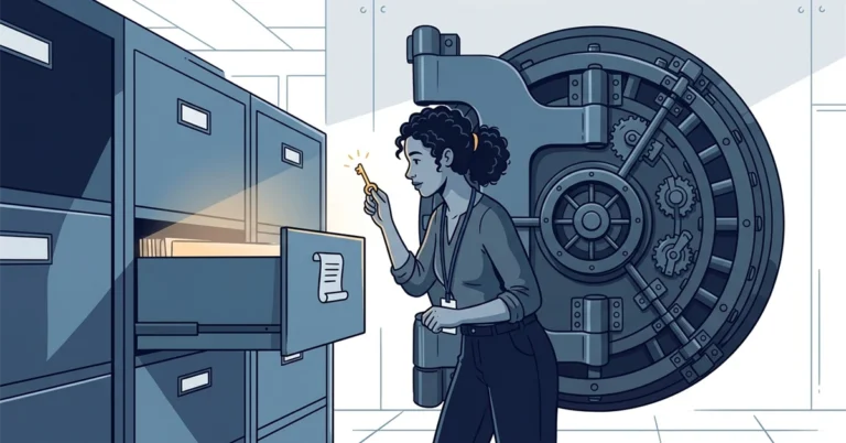 A woman DBA opens a filing drawer marked with a scroll icon using a single brass key, while a large vault door behind her stays closed.