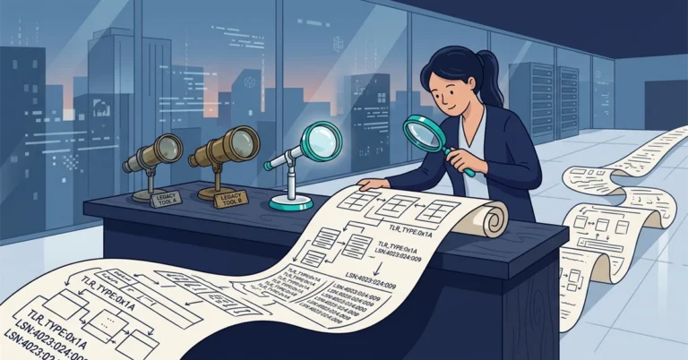A woman DBA reads a long paper scroll of log records with a new magnifying lens. Two older brass lenses stand on the desk beside her.