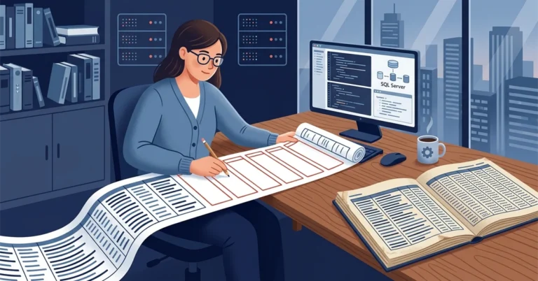 A woman DBA runs a pencil along six empty column outlines on a long printed ledger, with an older filled-in copy open beside her.