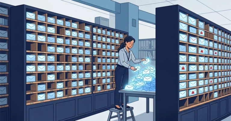A woman DBA on a step stool files glowing envelopes into rows of mail slots.  Some envelopes in the new section carry small red warning marks.