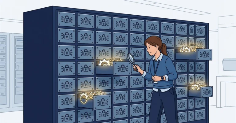 A woman DBA holds a magnifying glass up to a cabinet of locked drawers stamped with the same symbol. A few drawers are open, showing glowing gears inside.