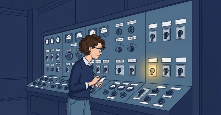 A woman DBA with a notebook studies a control panel. Most switches have labels, and a few newer switches on the right have blank label plates, one of them glowing.