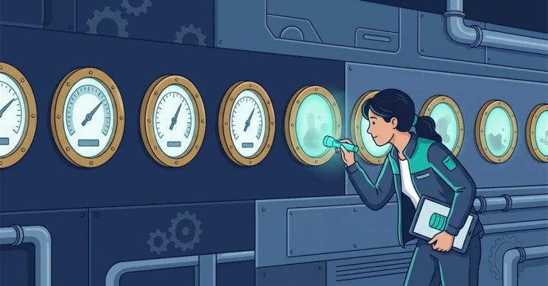 A woman DBA shines a flashlight into a row of portholes. The older portholes show gauges, and the newer ones show only a teal glow.