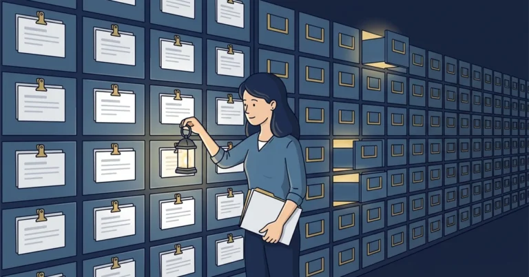 A woman DBA holds a lantern up to a long wall of filing drawers. The drawers near her carry index cards, most of the drawers beyond her have empty label holders, and she carries a thin folder.