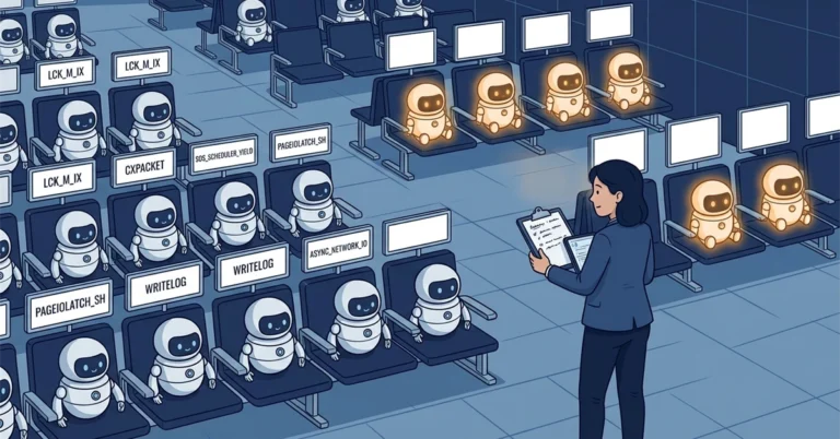 A woman DBA with a clipboard looks over a waiting room of small robots. The robots in front sit under wait type name plates, and the glowing robots at the back have blank name plates.