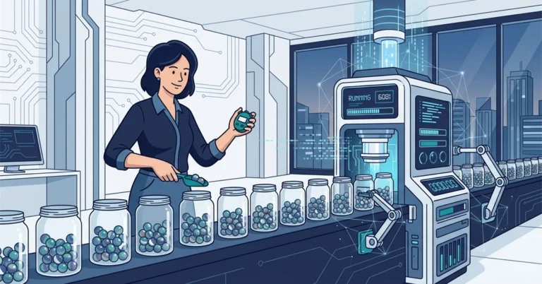 A woman DBA scoops marbles from a row of glass jars and holds a stopwatch, beside a machine that counts every marble.