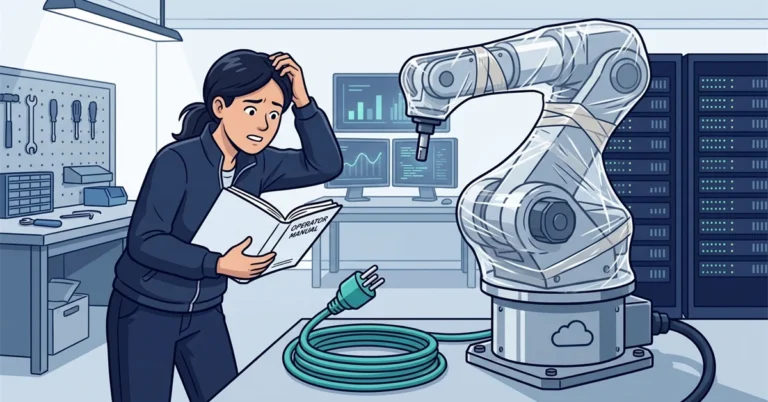 A puzzled woman DBA reads an operator manual beside a new robot arm still wrapped in plastic, with its power cable unplugged.