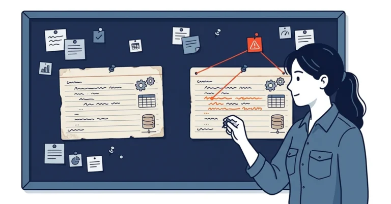 A woman DBA compares two nearly identical cards on a navy corkboard.  The newer card has highlighted lines, and a red string links one of them to a warning pin.