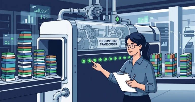 A woman DBA with a clipboard points at a row of green indicator lamps on a machine that repacks stacks of coloured column blocks.