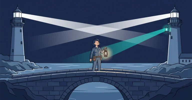 A woman DBA with a lantern stands on a stone bridge between two lighthouses, looking at a new teal lamp added to one of them.