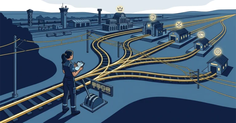 A woman DBA with a clipboard stands at a railway switch lever, looking at one track that branches toward several small stations.