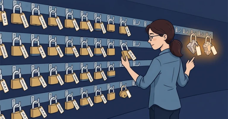 A woman DBA holds a familiar padlock beside a wall of tagged padlocks, and points at two new, oddly shaped padlocks with blank tags glowing at the end of the row.