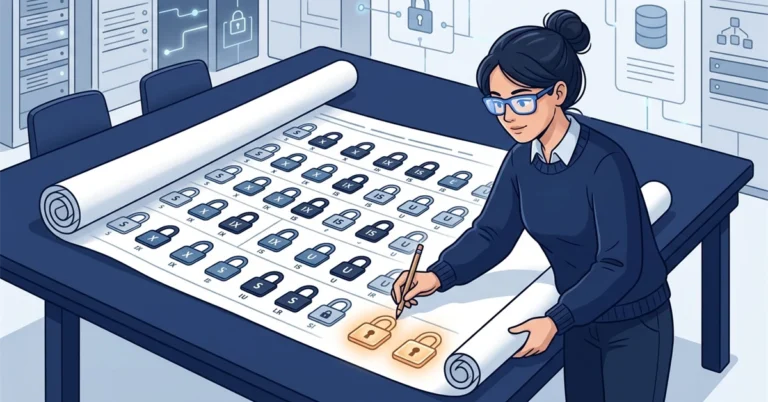 A woman DBA marks one of two glowing new padlock symbols at the end of a large lock map spread across a table.