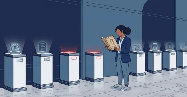 A woman DBA reads an old catalogue in a gallery of display plinths. Two plinths are empty, with a faint red outline where an exhibit used to be.