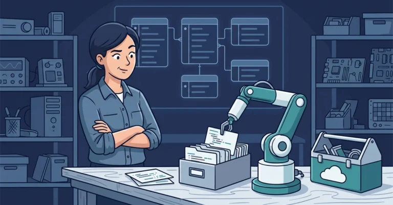 A woman DBA with folded arms watches a robot arm file index cards into a card box, next to a toolbox marked with a cloud symbol.