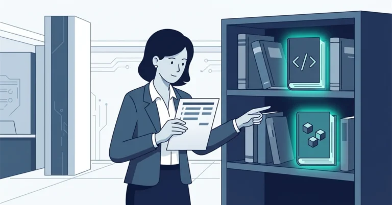 A woman DBA compares a short printed list with a bookshelf and points at two glowing books that are missing from the list.
