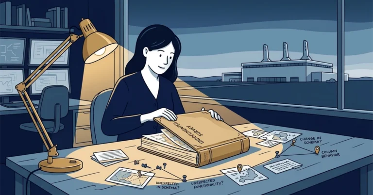 A woman DBA closes a large survey book under a desk lamp, with map cards and pins around it and a distant warehouse visible through the window.