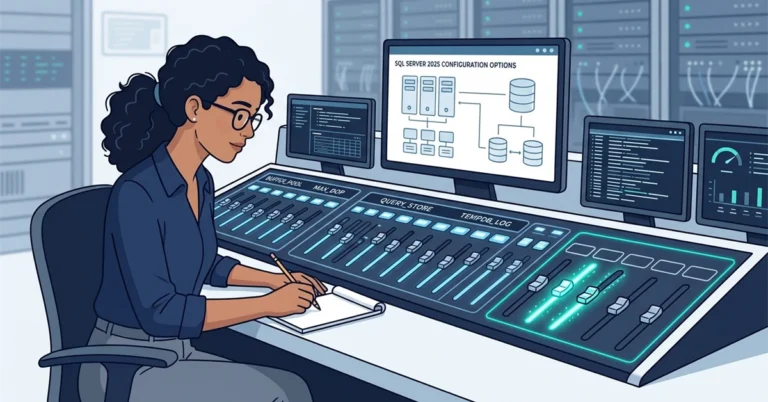 A woman DBA takes notes beside a mixing desk.  Most sliders are labelled, and a group of new sliders at one end has blank labels, two of them glowing teal.