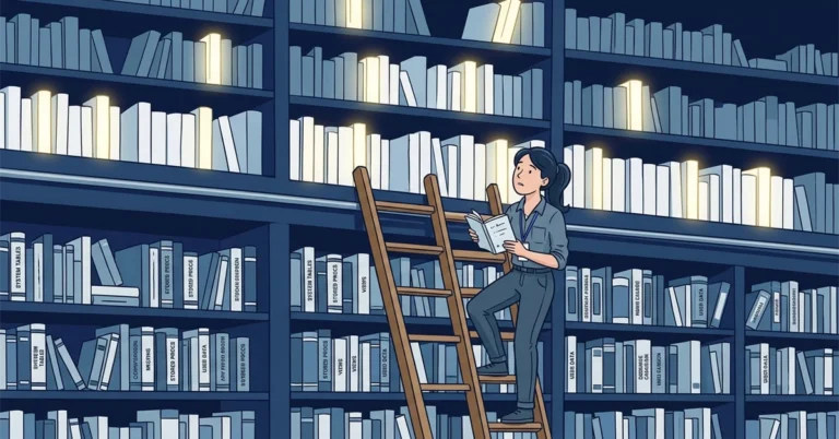 A woman DBA on a library ladder holds a thin guidebook and looks up at high shelves of books with blank spines, some of them glowing.