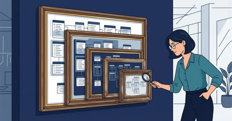 A woman DBA holds a magnifying glass up to the smallest of several nested picture frames, each holding a slightly different diagram.