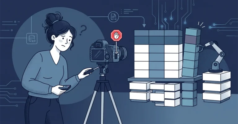 A puzzled woman DBA holds a camera remote beside a tripod whose switch is blocked by a small red stop sign, facing a table of stacked blocks and a robot arm.