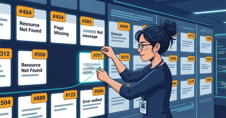 A woman DBA pins a thread to the number badge on one of many notification cards, some of them with changed or smudged wording.