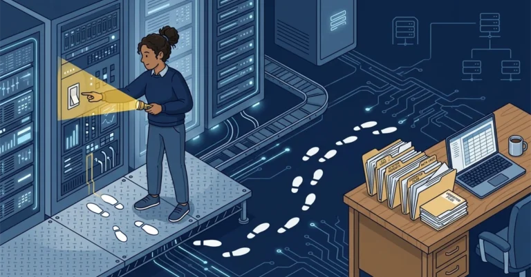 A woman DBA shines a flashlight on an unmarked switch in a server room, with footprints leading from it toward a desk of file folders.