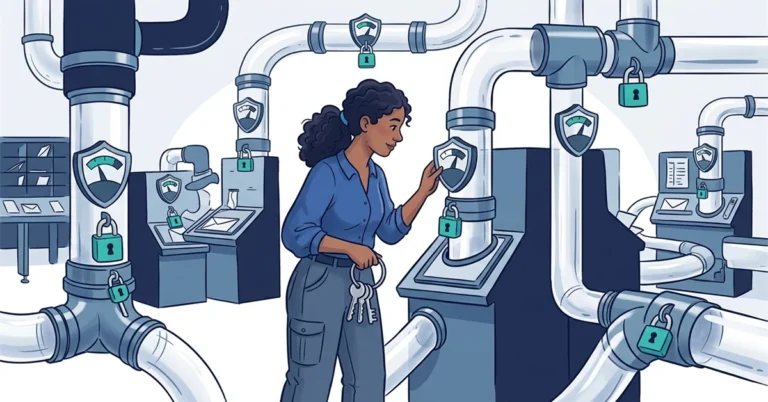 A woman DBA with a key ring checks a new shield-shaped dial fitted to a pipe, among pipes and stations fitted with new padlocks.