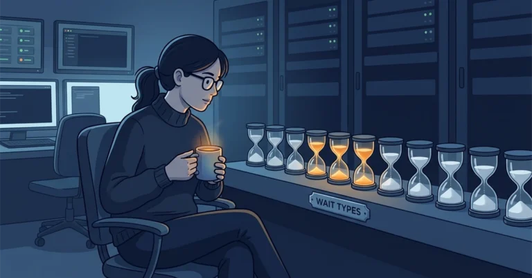 A woman DBA with a mug of tea watches a row of hourglasses in a quiet server room, where a few hourglasses keep trickling sand.