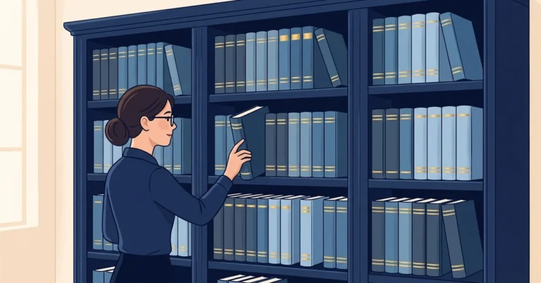 A woman DBA with glasses places a book into one of several matching sets of blue volumes on a tall navy bookshelf.