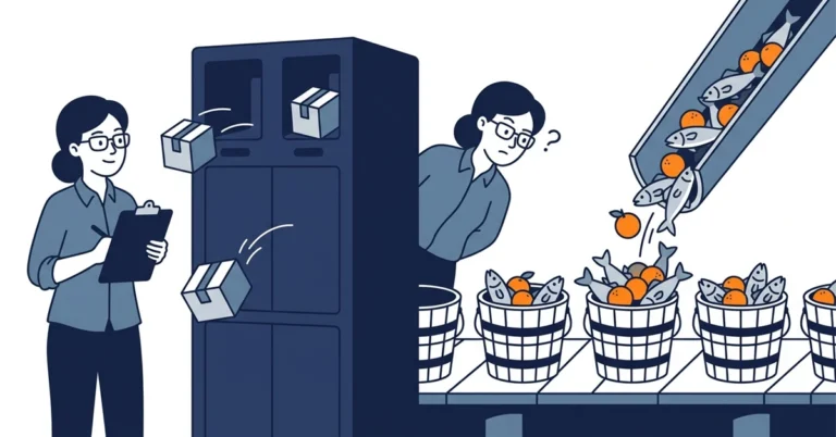 A woman DBA with a clipboard beside a gated navy cabinet that accepts only matching parcels, while a second view shows her frowning at open buckets filling with a mix of fish and oranges from a chute.