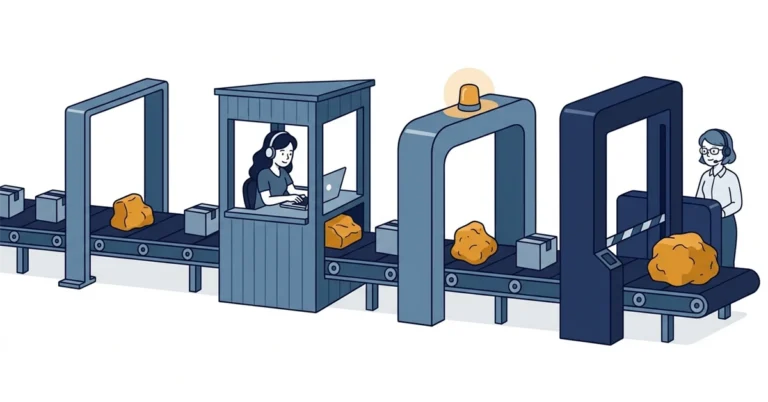 A conveyor belt of parcels passing four gates: an open arch, a booth where a woman developer checks parcels while a lumpy one slips underneath, an arch with an amber warning light, and a sturdy navy barrier where a woman DBA stands as an odd-shaped parcel reaches the closed gate.