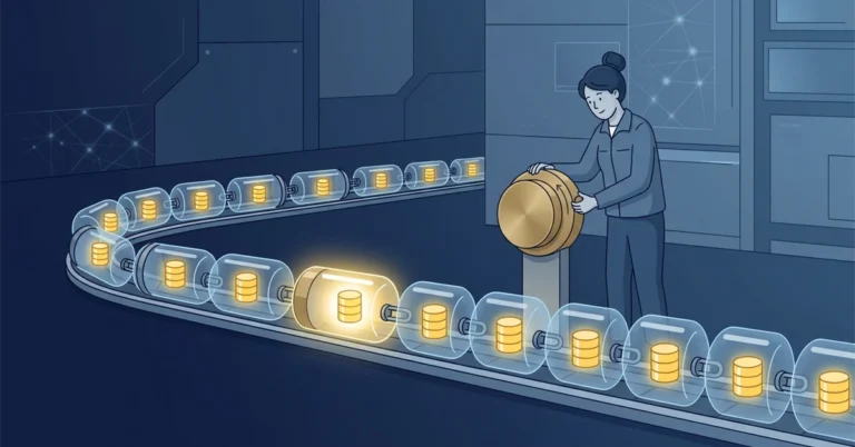 A woman turns a large brass dial beside a curving chain of linked glass capsules, each holding a glowing database cylinder.
