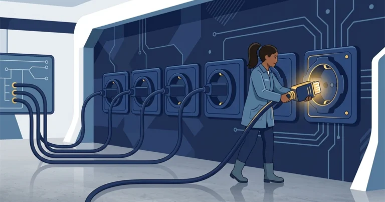 A woman engineer plugs a glowing connector into the newest of a row of sockets while older cables stay connected to the earlier sockets.