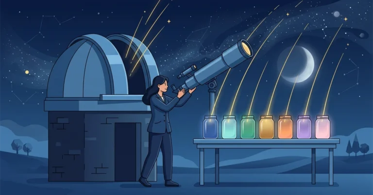 A woman astronomer aims a telescope at a night sky while streaks of light fall into a row of glowing coloured jars.