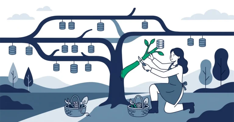 A woman gardener grafts a green branch onto a navy tree whose branches hold small database cylinders.