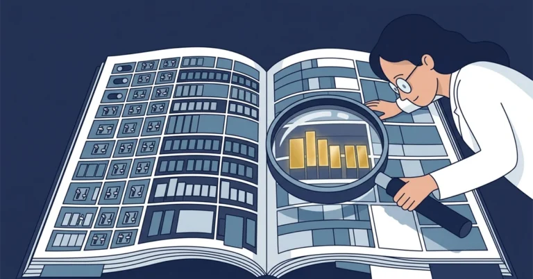 A woman scientist examines a giant open page of small compartments through a magnifying glass that enlarges a row of gold blocks.