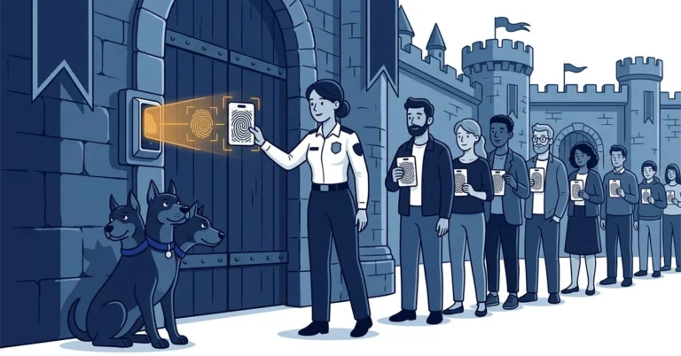 A woman security officer holds a fingerprint badge to a scanner at a castle gate, watched by a three-headed guard dog, with a queue of badge holders behind her.
