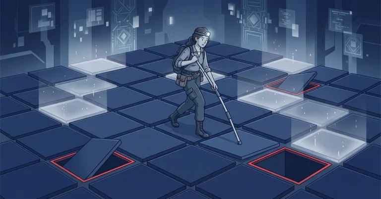 A woman explorer tests the tiles ahead with a long pole as she crosses a floor where some tiles are ghostly and some have opened into trap doors.