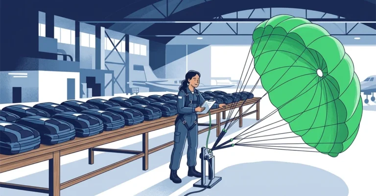 A woman rigger in a hangar tests a parachute on a rig, its green canopy fully open, beside a long table of packed parachutes.