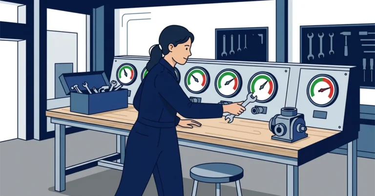 A woman engineer tests a wrench against a bench of round gauges, most showing their needles in the green zone.