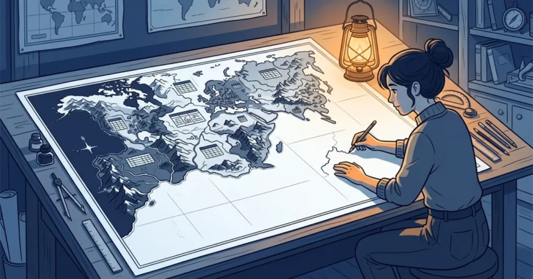 A woman cartographer sketches a new coastline into the blank part of a large map by lantern light.